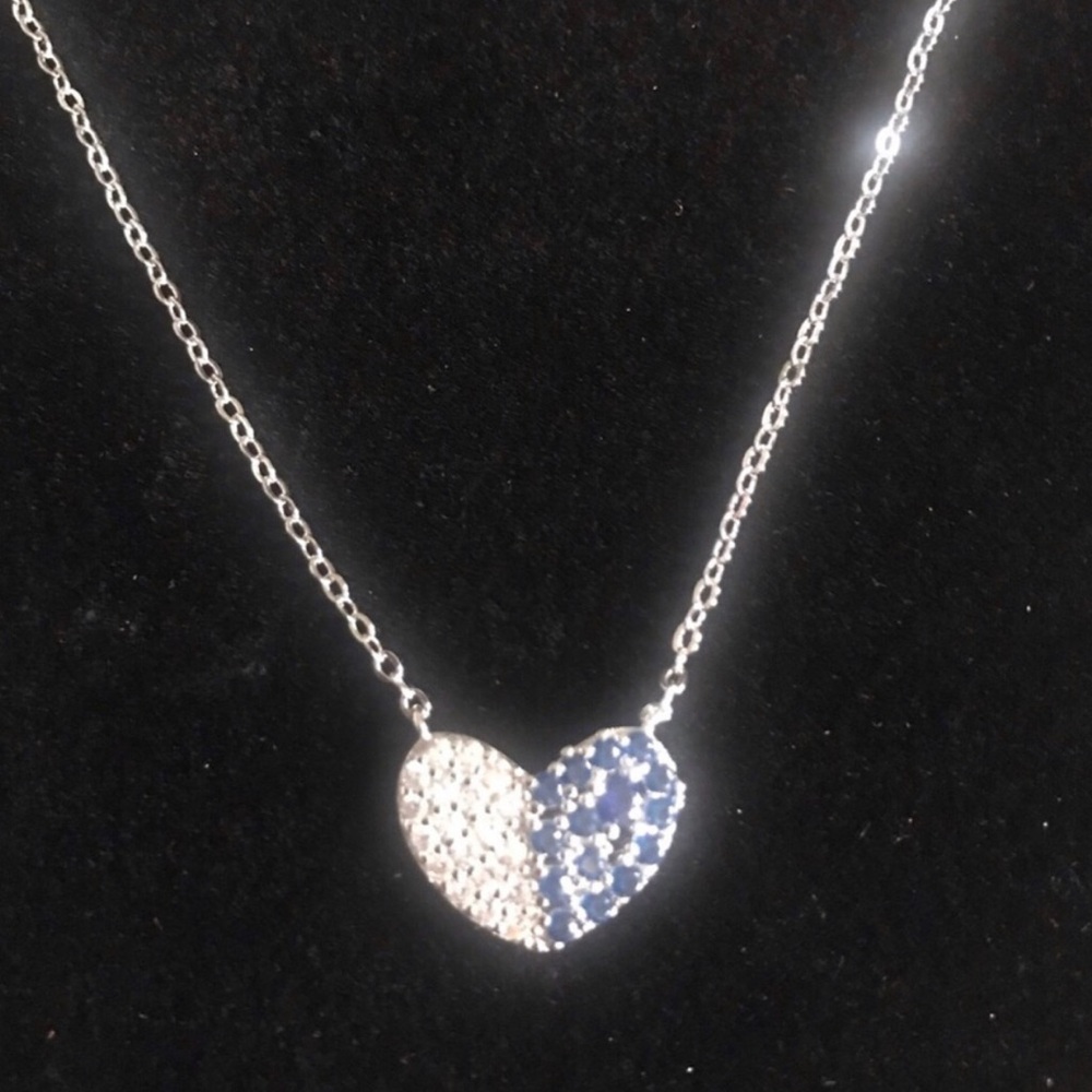 Sterling Silver Heart Pendant Necklace with Blue and White Crystal Stones